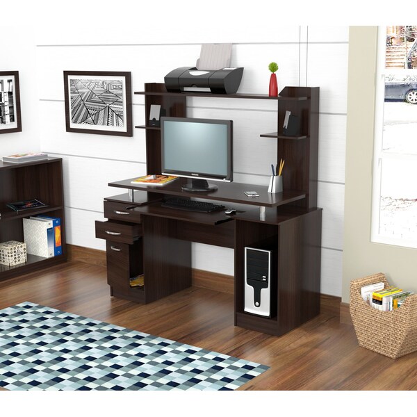 Computer WorkCentre w/Hutch 50.77 in. W Espresso Rectangular 3 -Drawer